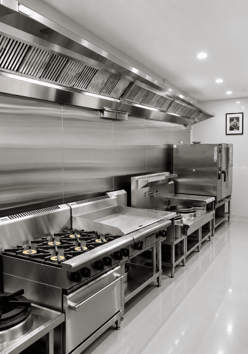 Stainless steel commercial kitchen with open shelving